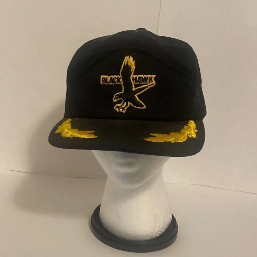 Vintage 80s Military Trucker Hat Cap Blackhawk Black Gold Snapback embroidered b